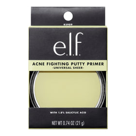 e.l.f. putty primer jar open with label visible highlighting acne-fighting ingredients benefit