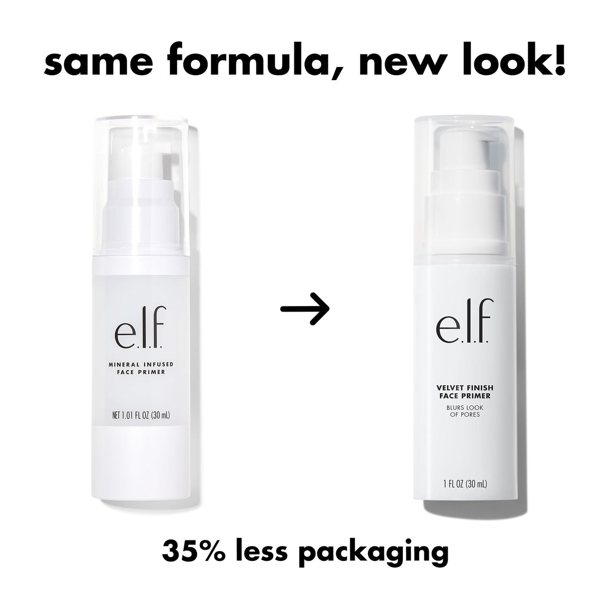 e.l.f. primer pump and cap detail emphasizing easy dispensing and travel-friendly closure