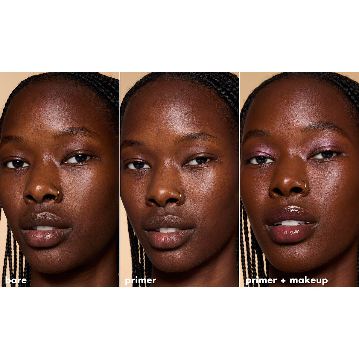 e.l.f. primer beneath foundation illustrating improved foundation wear and smoother look