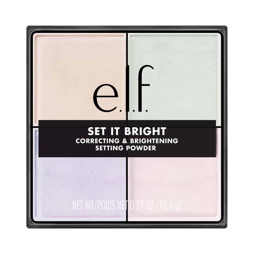 e.l.f. front packaging of Set it Bright powder quad shows compact and dial benefit