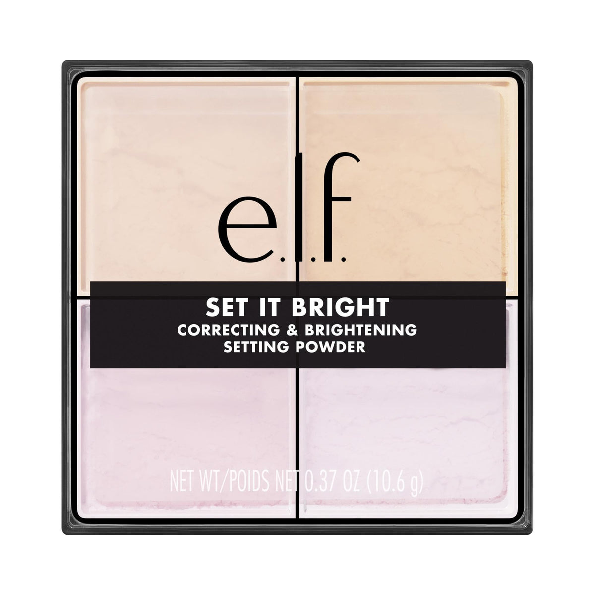 e.l.f. Set it Bright powder quad front packaging shows compact and shade dial benefits