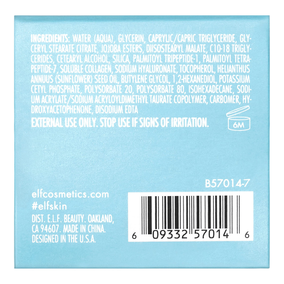 e.l.f. SKIN label close-up showing hyaluronic acid and peptide ingredients