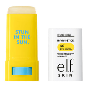 e.l.f. SKIN stick on beach towel showing water-resistant outdoor use