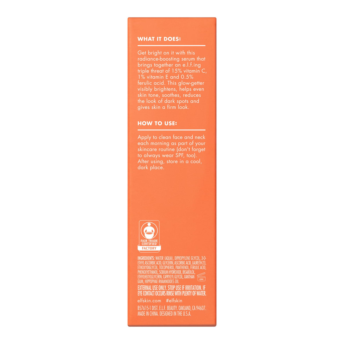 e.l.f. packaging with ingredients list, emphasizes transparency and informed-use benefit