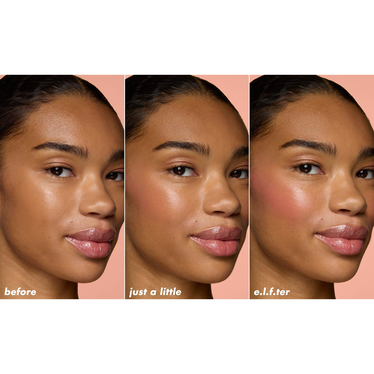 e.l.f. model applying blush to cheeks for natural flushed look on skin