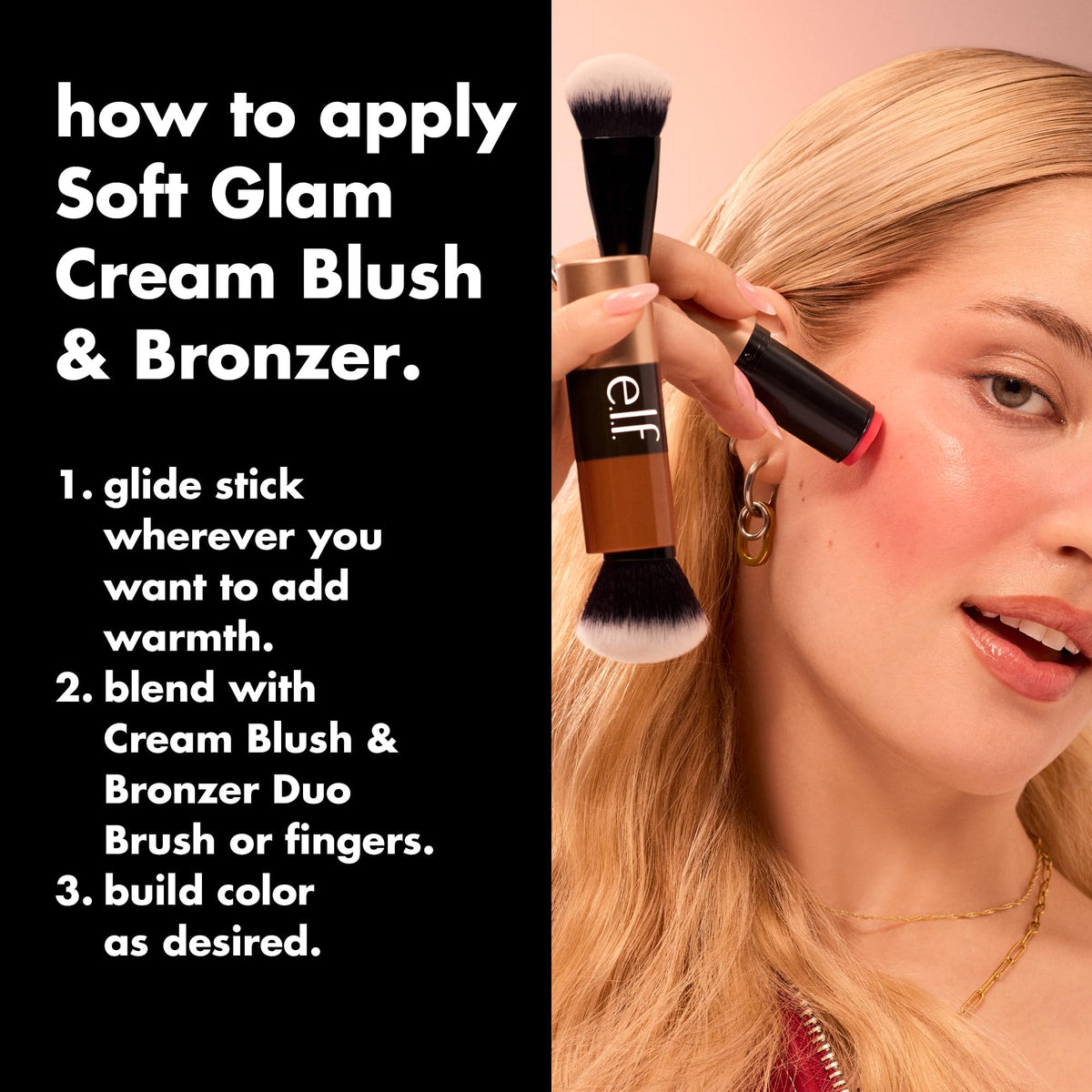 e.l.f. bronzer placed with brush and sponge to show versatile application methods and finishes
