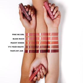 e.l.f. Sun Boss Gloss worn on lips in Pink-Me Girl showing natural pink-beige color