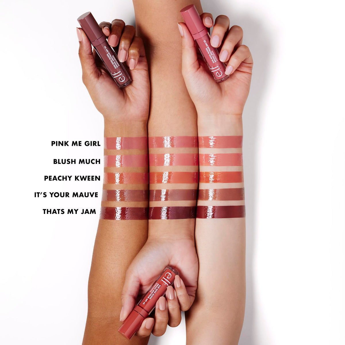 e.l.f. Sun Boss Gloss shade swatches lineup showing buildable pigment options