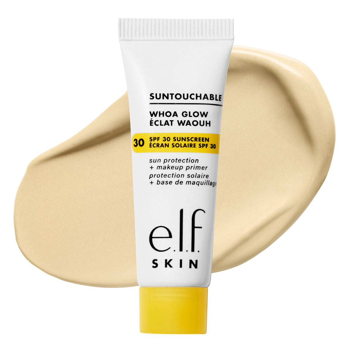 e.l.f. Suntouchable mini front packaging shows SPF and glow benefits
