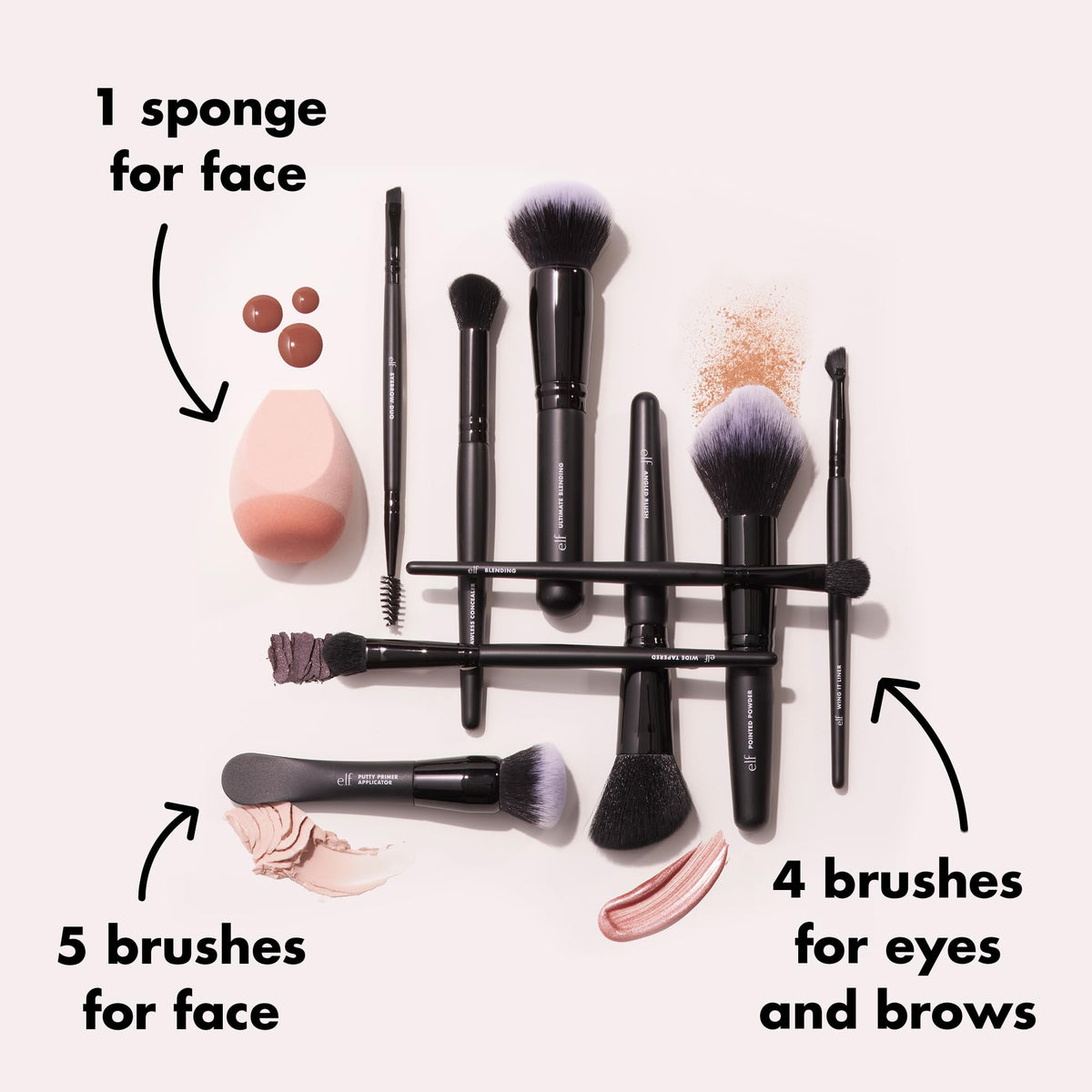 e.l.f. brushes laid out displaying all ten tools for complete makeup routines