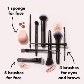 e.l.f. brushes laid out displaying all ten tools for complete makeup routines