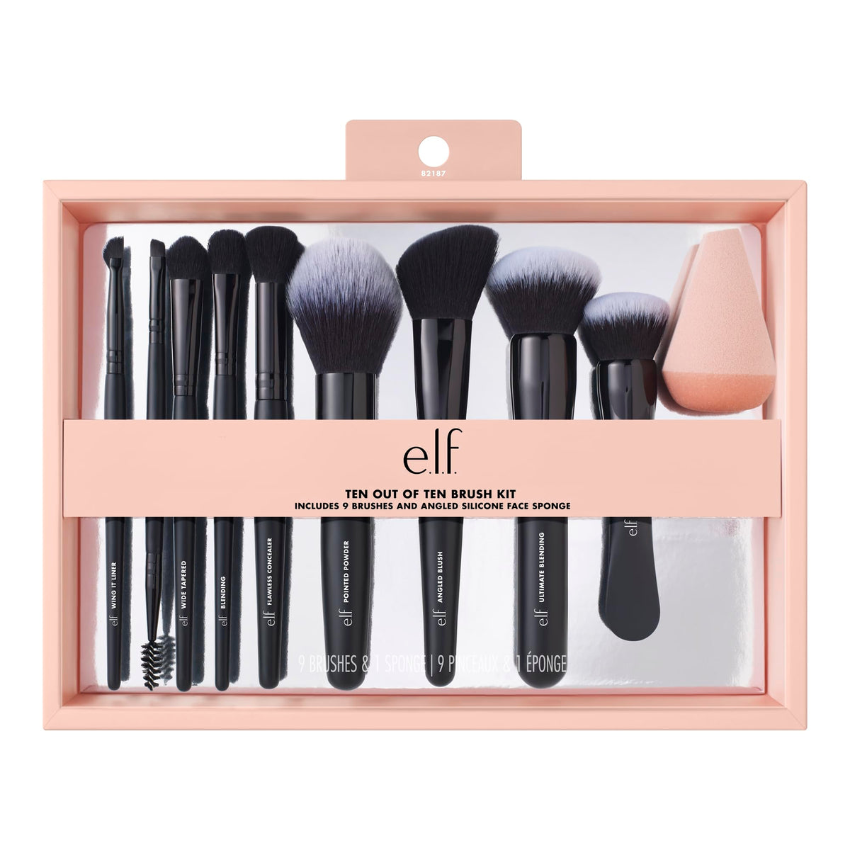 e.l.f. front packaging of the 10-piece brush set showing included tools and benefits
