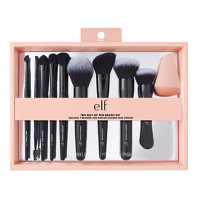 e.l.f. front packaging of the 10-piece brush set showing included tools and benefits