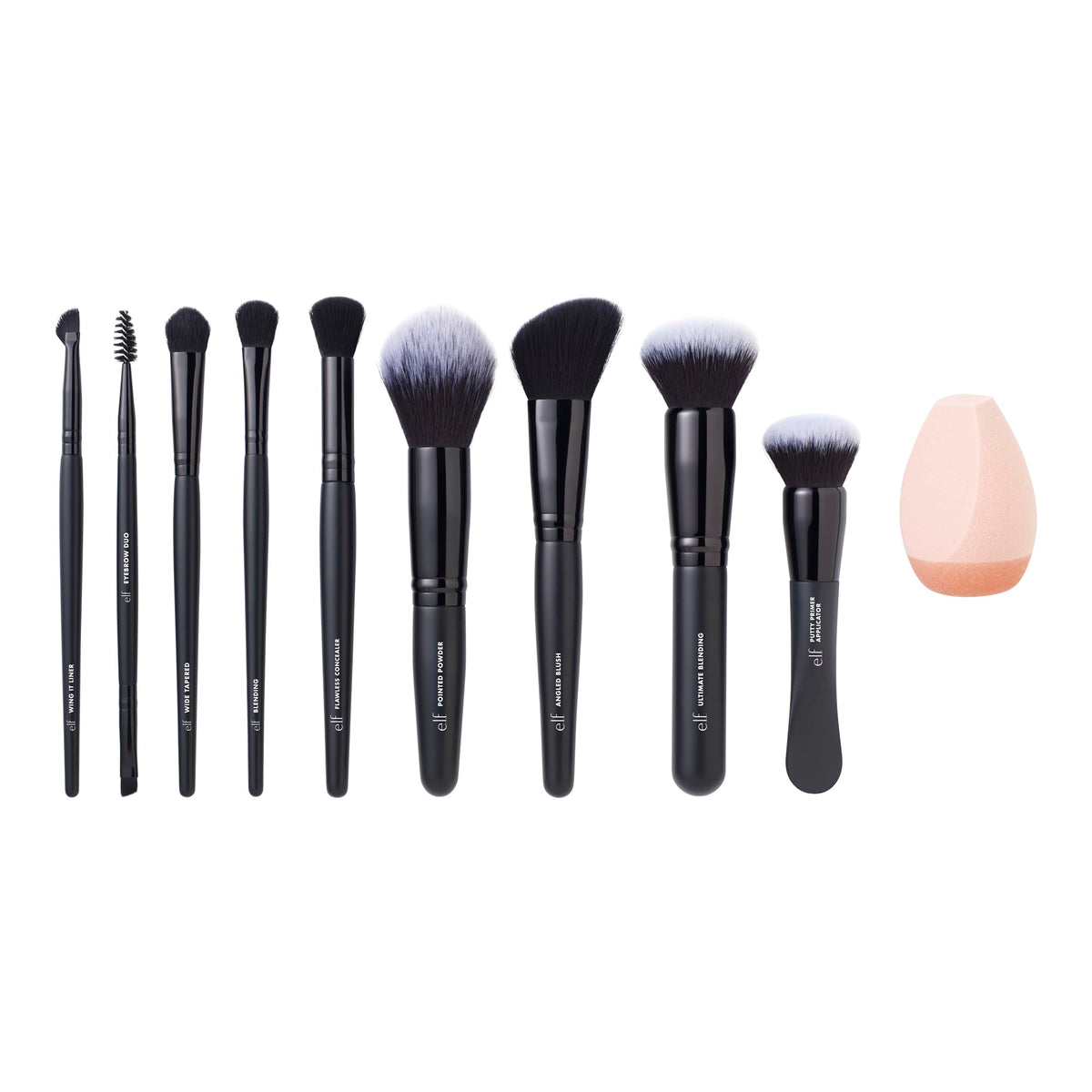e.l.f. makeup sponge beside brush handle for size comparison and travel convenience