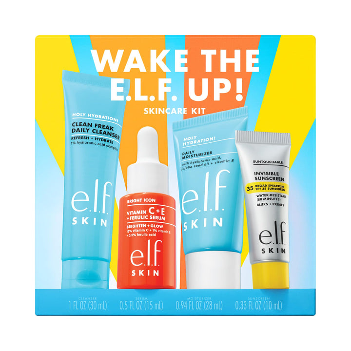 e.l.f. front packaging of Wake the e.l.f. Up kit shows all minis and branding for travel convenience