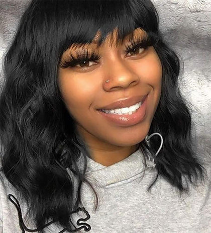 Elfairy front view of 12 inch black bob wig showing natural look and volume