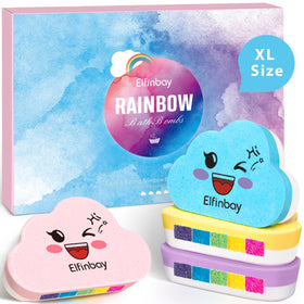 Elfinbay front packaging showing four rainbow bath bombs and gift-ready box benefit fun