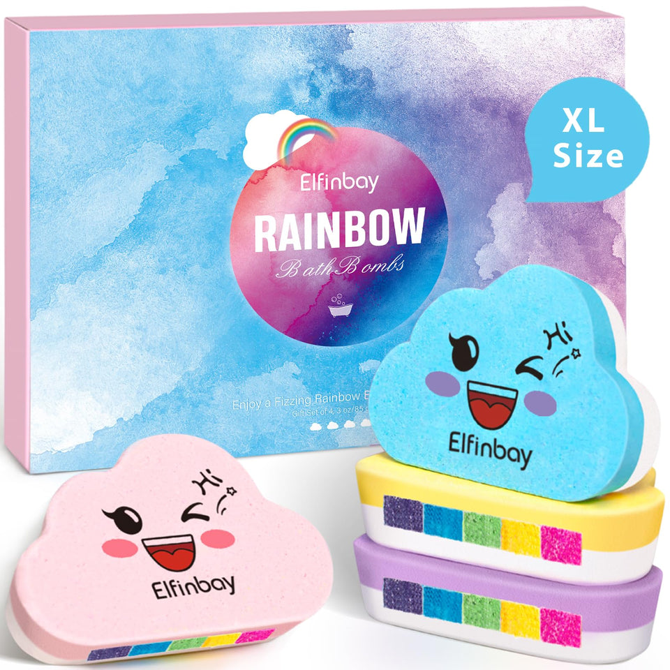 Elfinbay front packaging showing four rainbow bath bombs and gift-ready box benefit fun