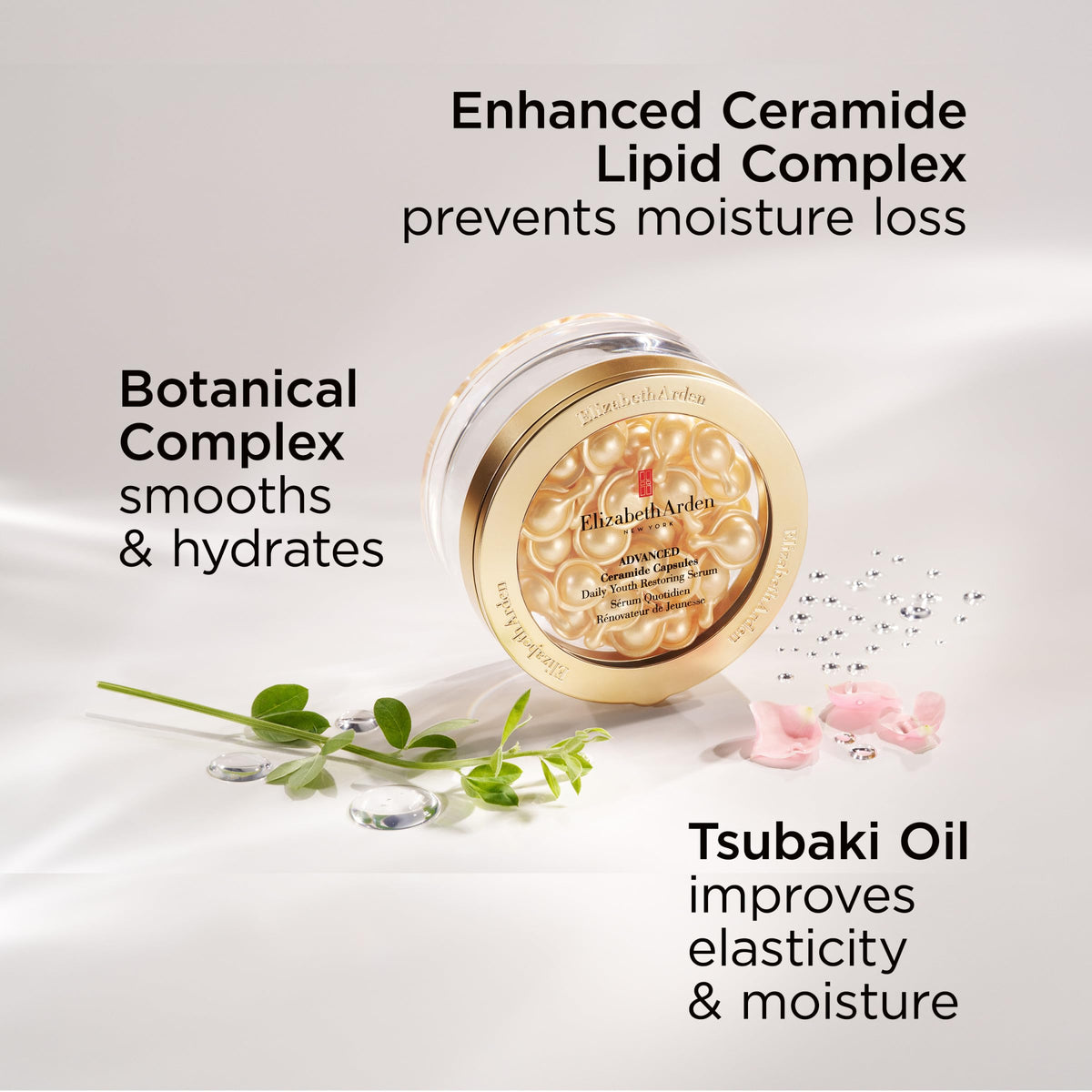 Elizabeth Arden capsules lined up on surface emphasizing daily dosing simplicity