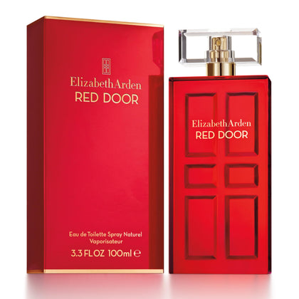 Elizabeth Arden Red Door front bottle showing elegant red gloss and door design, enhances display