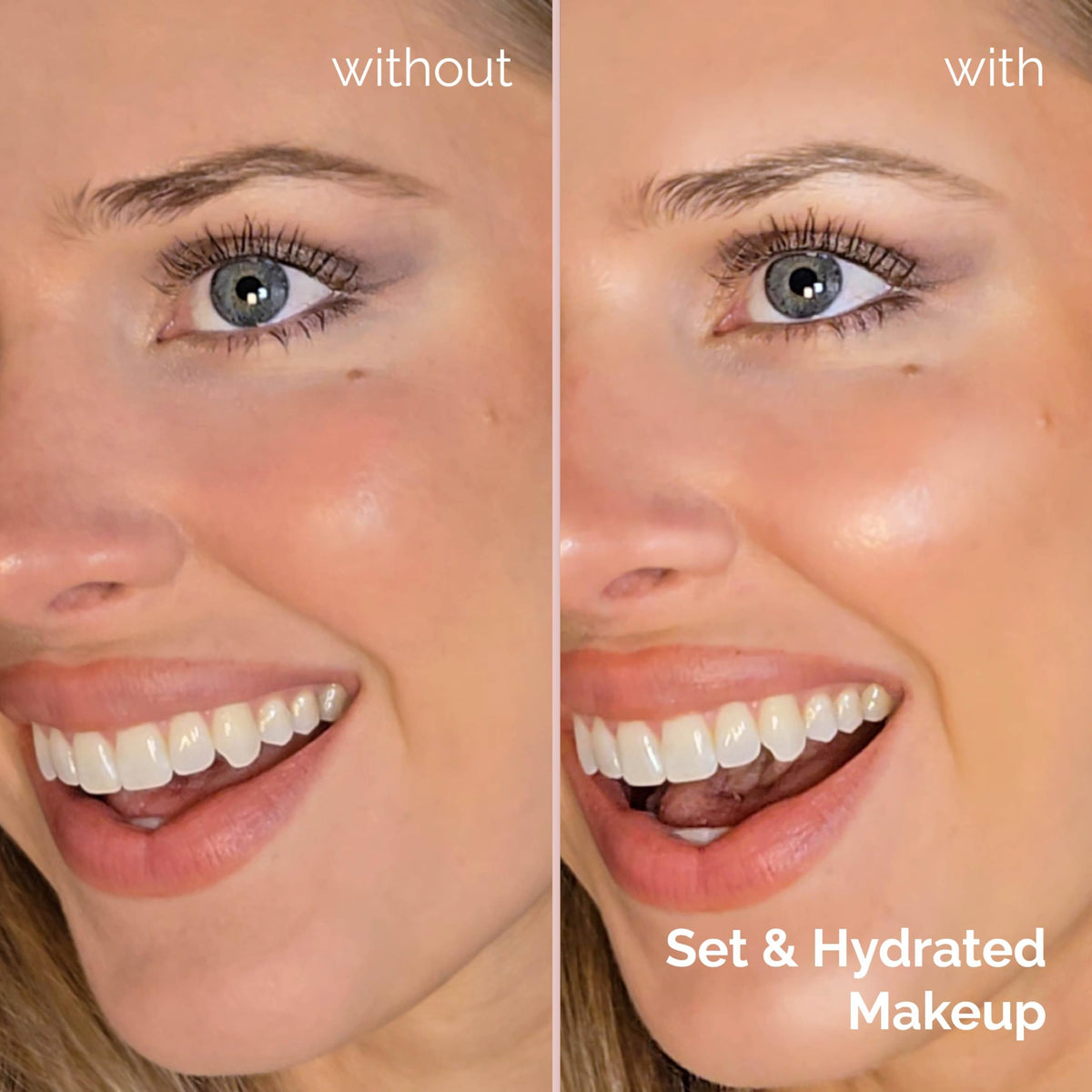Elizabeth Mott before and after spray showing reduced makeup fade