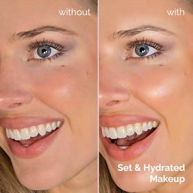 Elizabeth Mott before and after spray showing reduced makeup fade