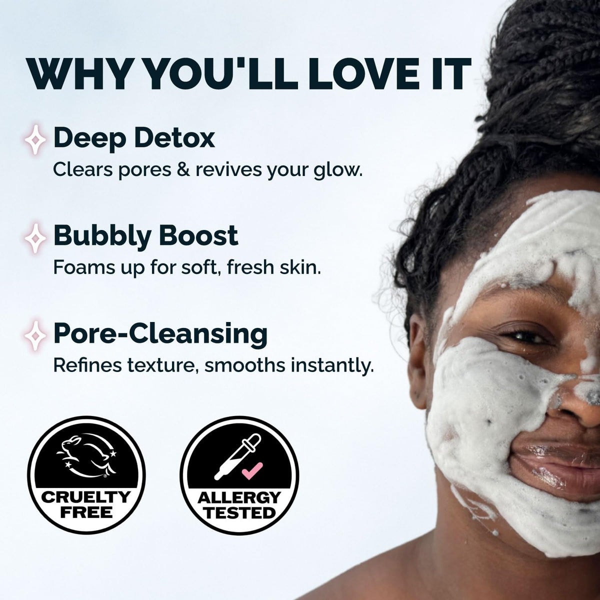Elizabeth Mott foam bubbling on cheek demonstrating gentle lift