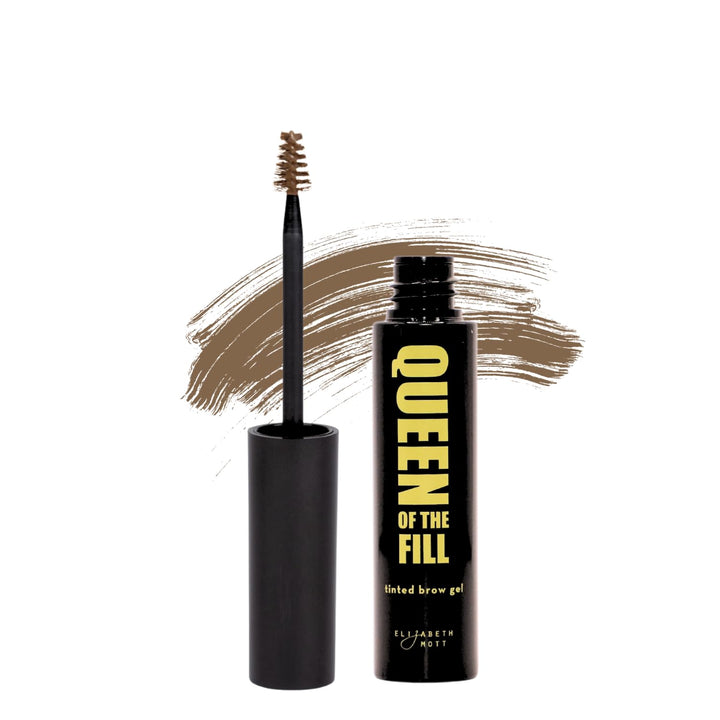 Elizabeth Mott front packaging showing light medium brown shade and benefit of volumizing brows