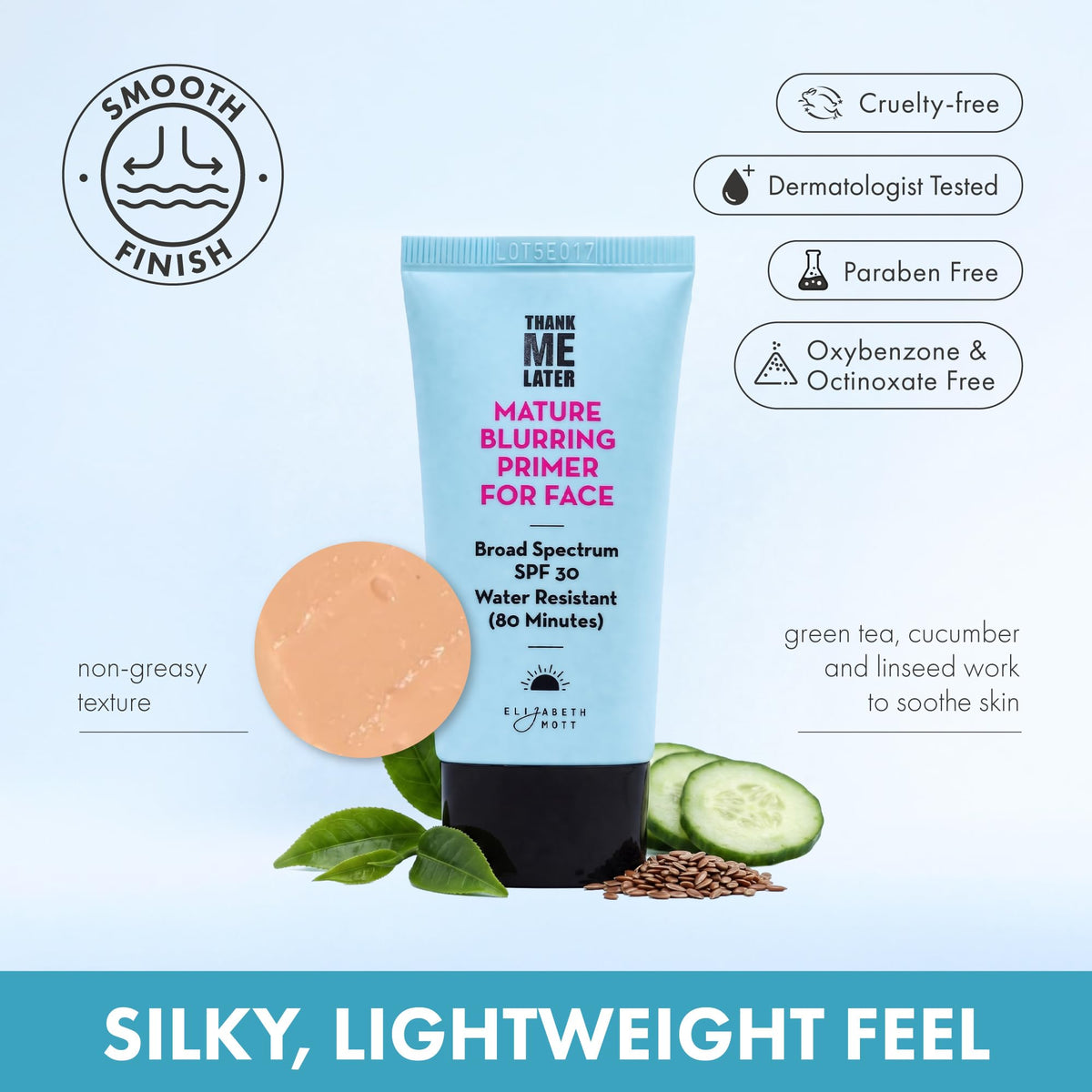 Elizabeth Mott ingredient label with mineral SPF and soothing extracts