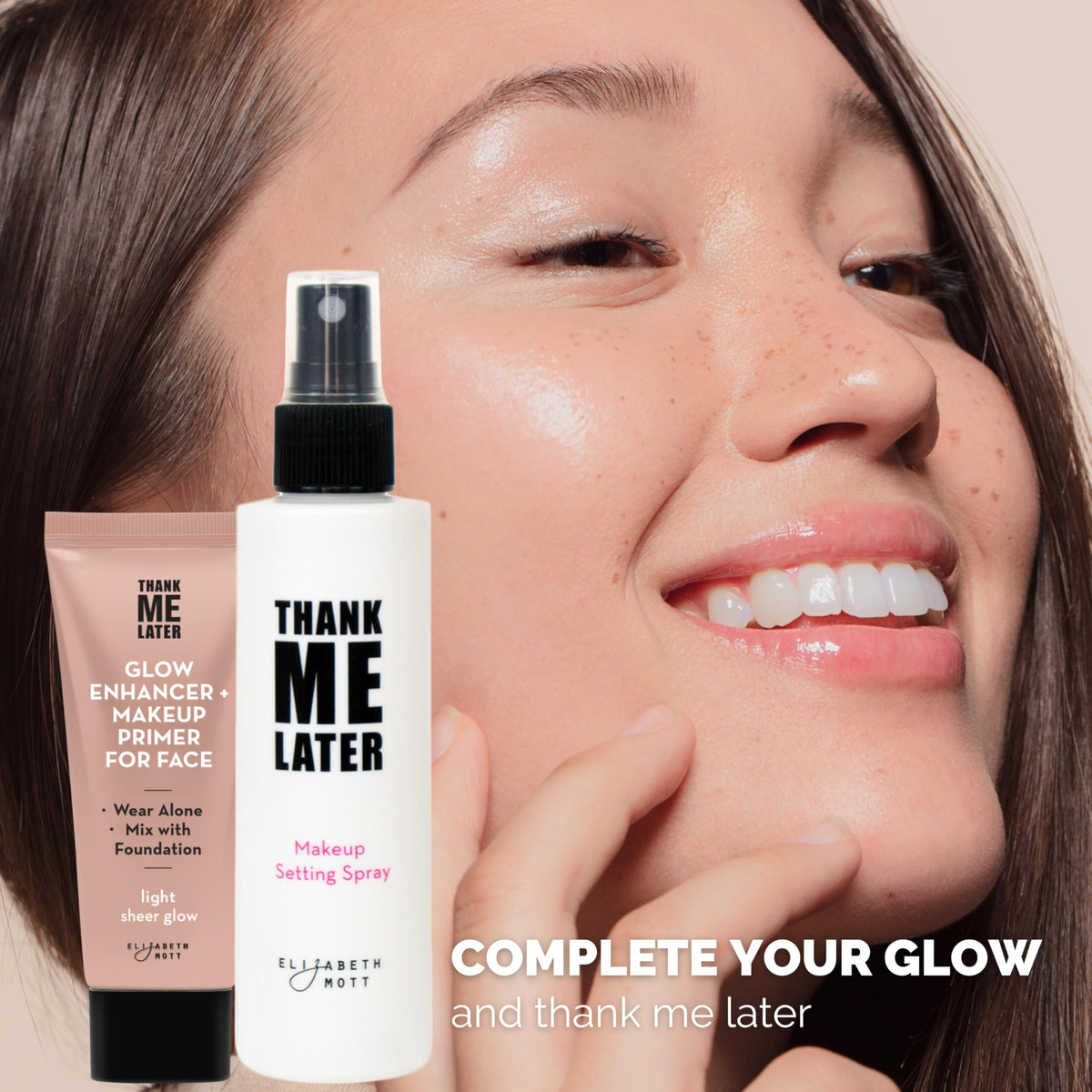 Elizabeth Mott on a vanity counter in lifestyle setting promoting daily skincare ritual