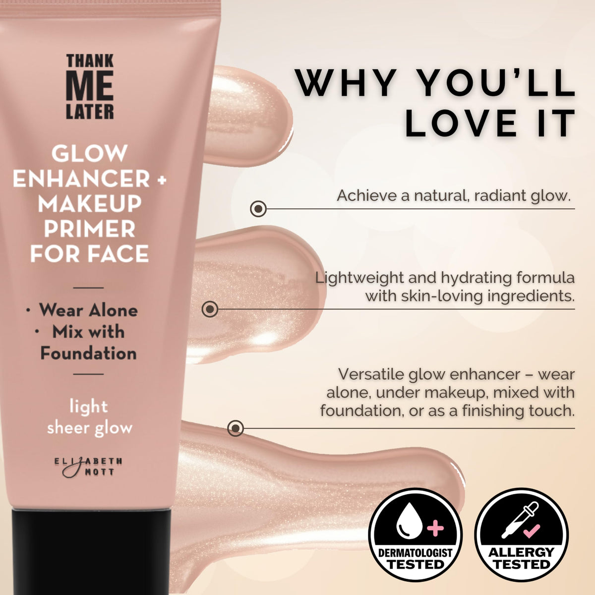 Elizabeth Mott swatch on hand illustrating sheer light glow and blendable finish