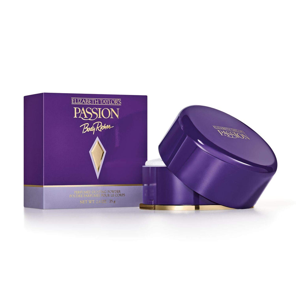 Elizabeth Taylor Passion powder front packaging showing size and brand benefit