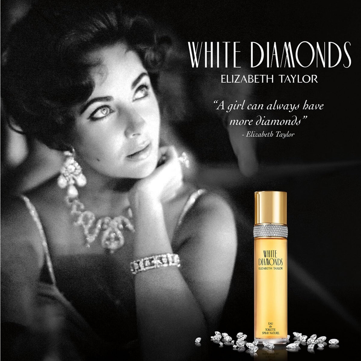 Elizabeth Taylor White Diamonds next to smaller and larger bottles showing available sizes