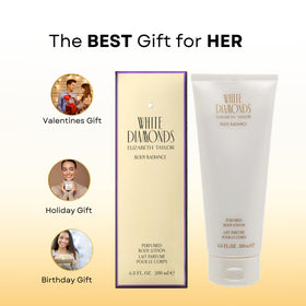 Elizabeth Taylor lotion next to White Diamonds perfume, coordinated fragrance layering