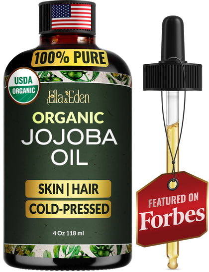 Ella & Eden front bottle view showing organic jojoba oil and label benefits