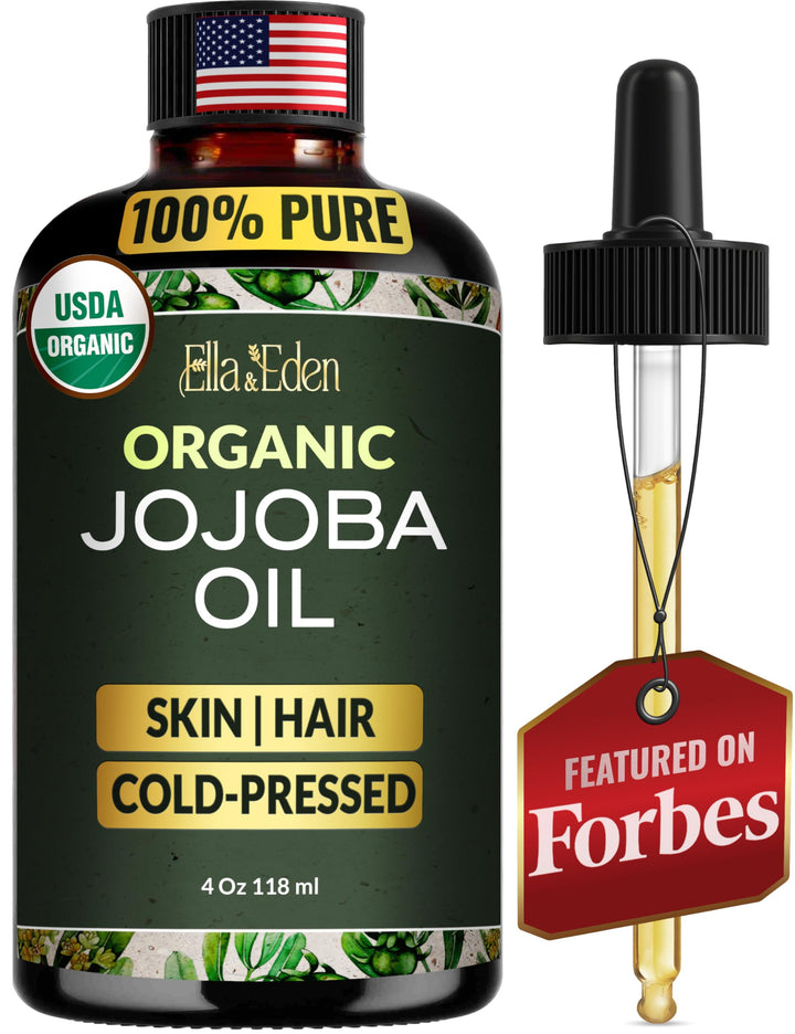 Ella & Eden front bottle view showing organic jojoba oil and label benefits