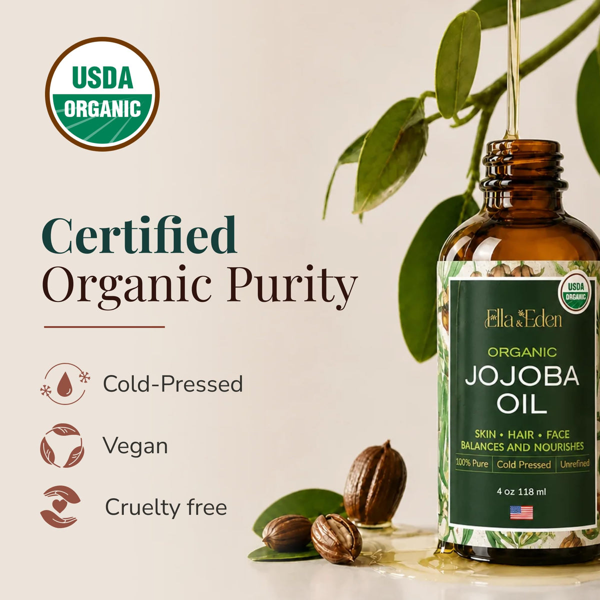 Ella & Eden glass dropper dispensing jojoba oil for precise application