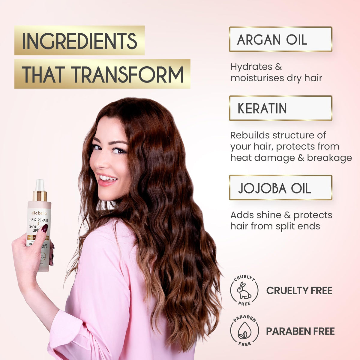 ELLA BELLA close-up of argan jojoba and keratin ingredients for nourishment