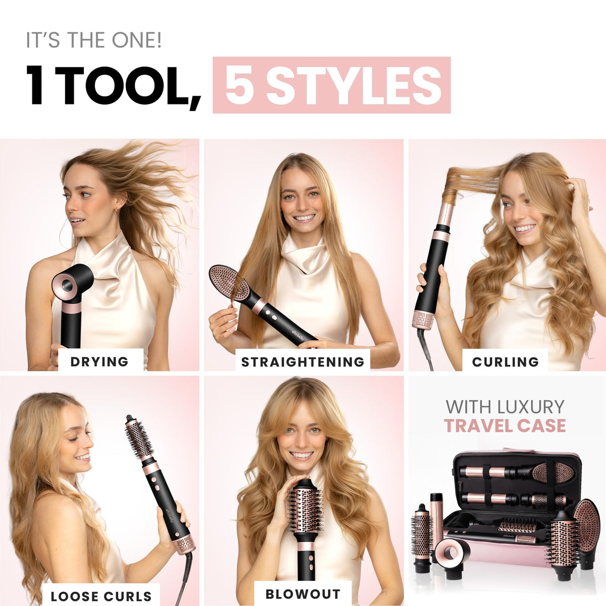 ELLA BELLA detachable heads laid out overhead for quick swapping and storage benefit