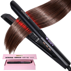 ELLA BELLA flat iron front view showing slim titanium plates and ergonomic body for effortless styling
