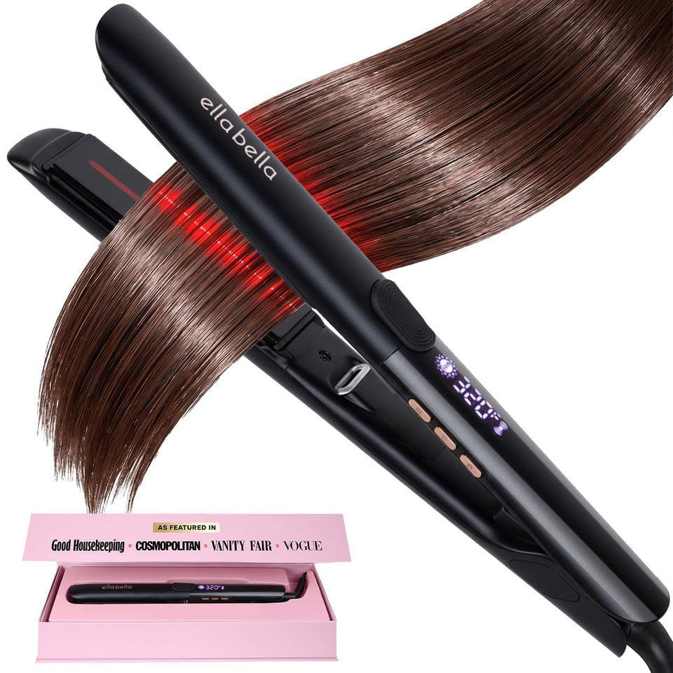 ELLA BELLA flat iron front view showing slim titanium plates and ergonomic body for effortless styling