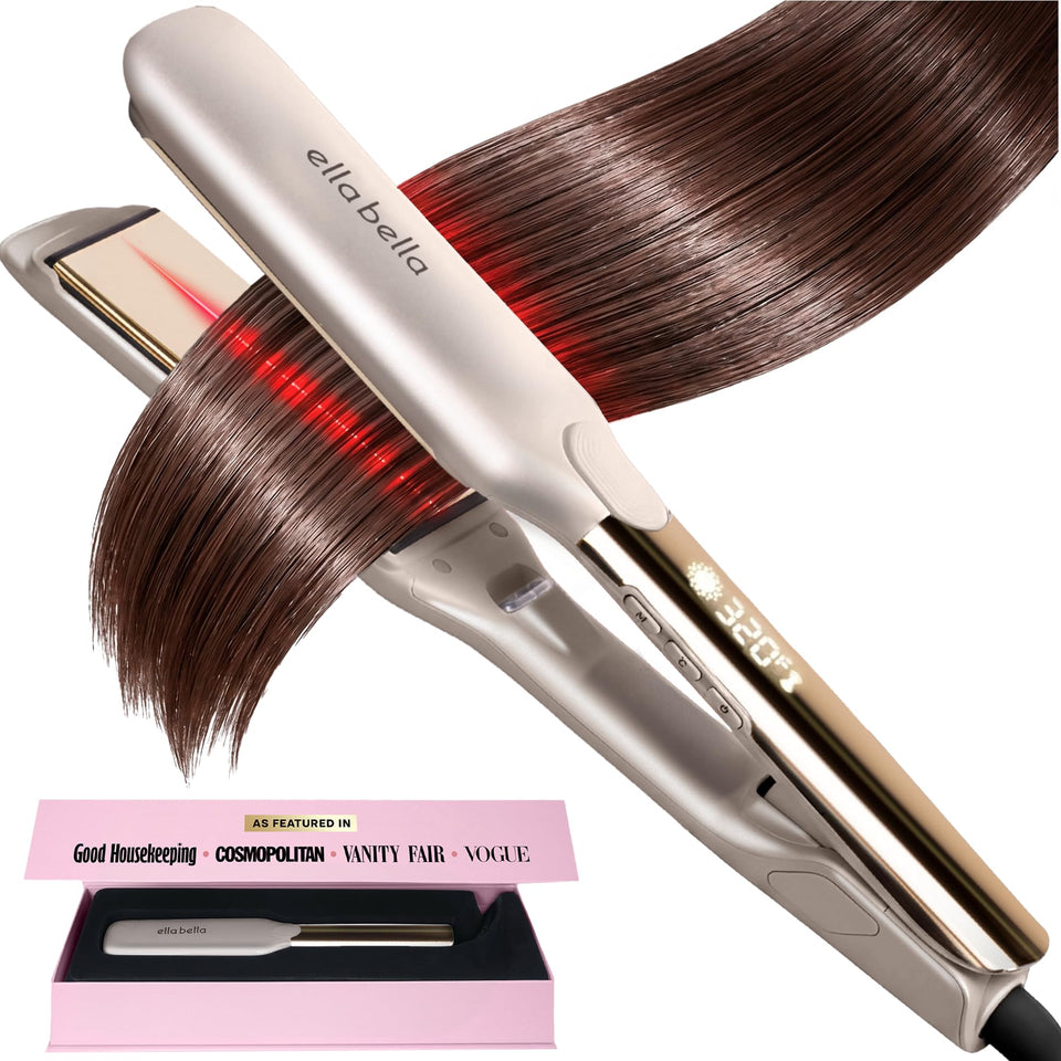 ELLA BELLA flat iron front view showing sleek design and professional finish