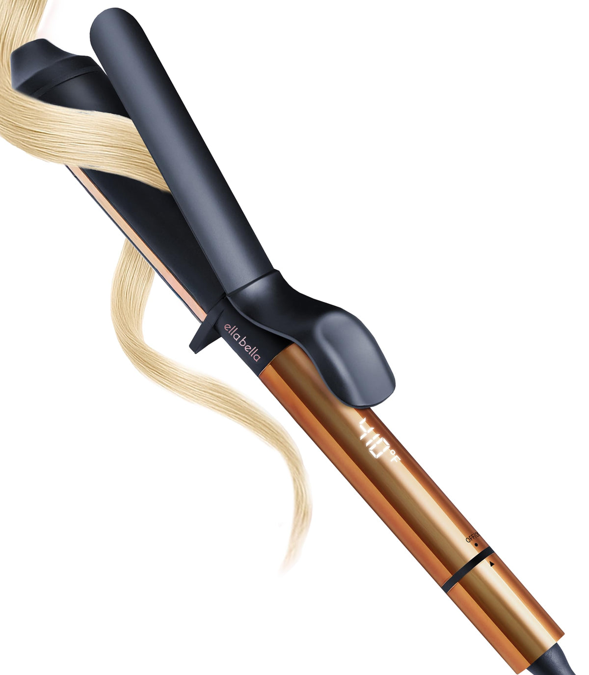 ELLA BELLA front view of curling iron showing ergonomic handle and barrel, quick styling