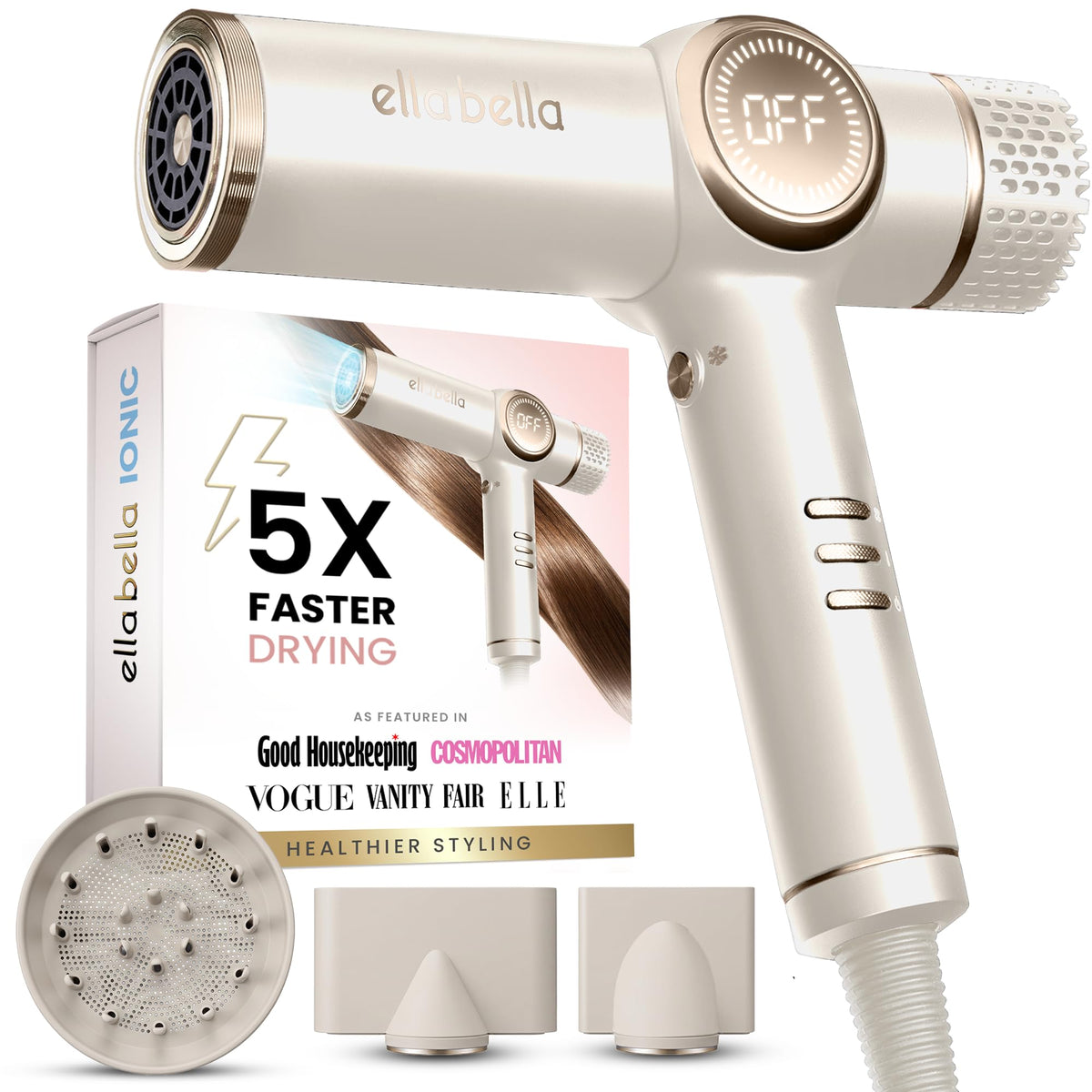 ELLA BELLA front view hair dryer showing sleek body and benefit of ergonomic control
