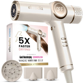 ELLA BELLA front view hair dryer showing sleek body and benefit of ergonomic control