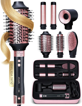 ELLA BELLA front view of full 6-in-1 styling kit showing included attachments and case benefit