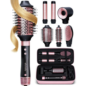 ELLA BELLA front view of full 6-in-1 styler kit showing all attachments and case benefit