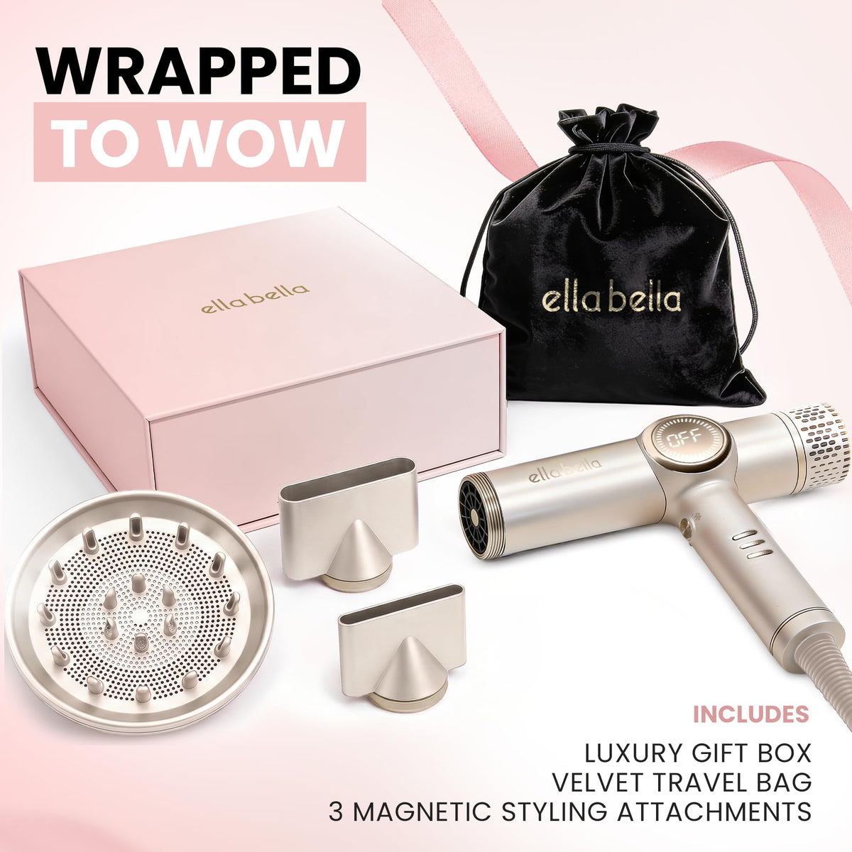 ELLA BELLA in use blow drying long hair delivering quick drying and smooth finish