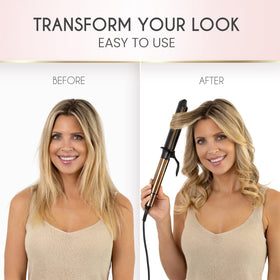 ELLA BELLA curling iron in use on long hair creating medium defined curls quickly