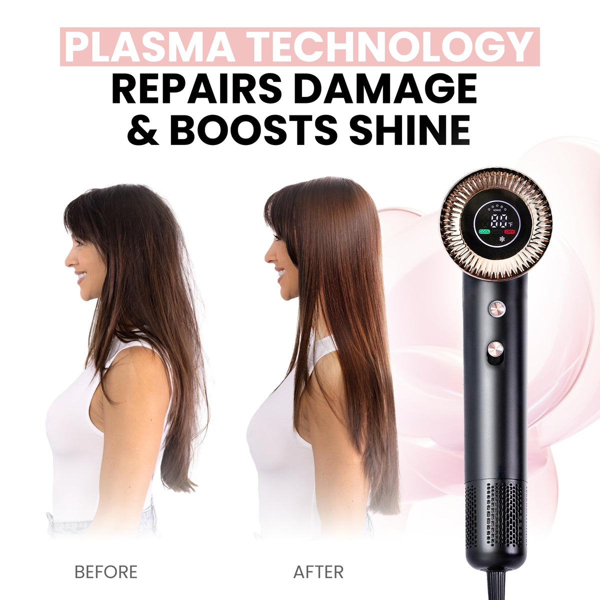 ELLA BELLA plasma technology detail illustrating frizz reduction benefit